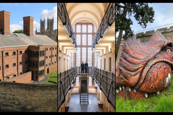 Lincoln Castle prison, and Lucy a Dragon sculpture in the grounds